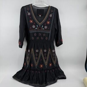 JOHNNY WAS 3J Workshop Black Embroidered Dress Prairie Size Small Cotton